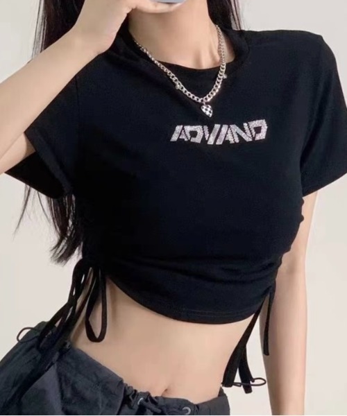 LADY LIKE(レディライク)の「サイドリボンラインストーンロゴTシャツ(Tシャツ/カットソー・レディース・ブラック/ホワイト・M)」の5枚目の写真
