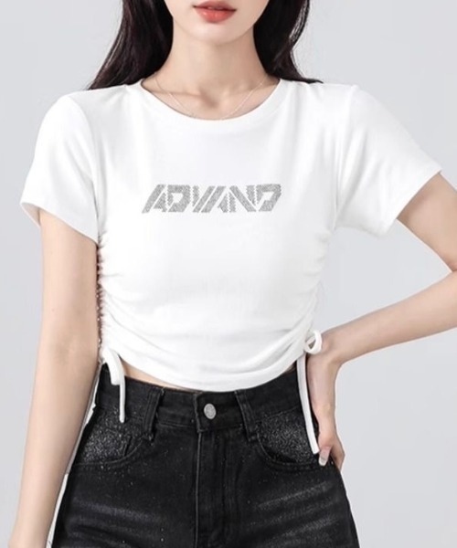 LADY LIKE(レディライク)の「サイドリボンラインストーンロゴTシャツ(Tシャツ/カットソー・レディース・ブラック/ホワイト・M)」の8枚目の写真