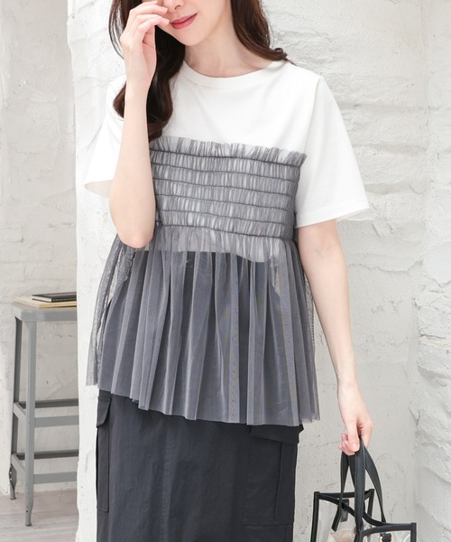 Honeys(ハニーズ)の「ビスチェ風チュールシアートップス(Tシャツ/カットソー・レディース・グレイッシュブルー/ホワイト×グレー/スミクロ/ホワイト・S/M/L)」の1枚目の写真