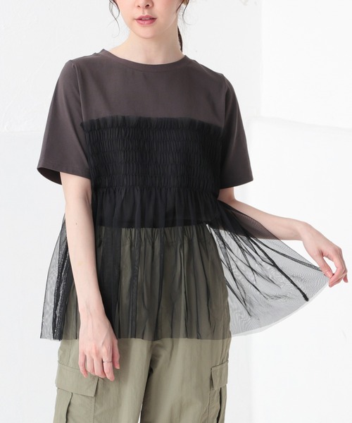 Honeys(ハニーズ)の「ビスチェ風チュールシアートップス(Tシャツ/カットソー・レディース・グレイッシュブルー/ホワイト×グレー/スミクロ/ホワイト・S/M/L)」の3枚目の写真