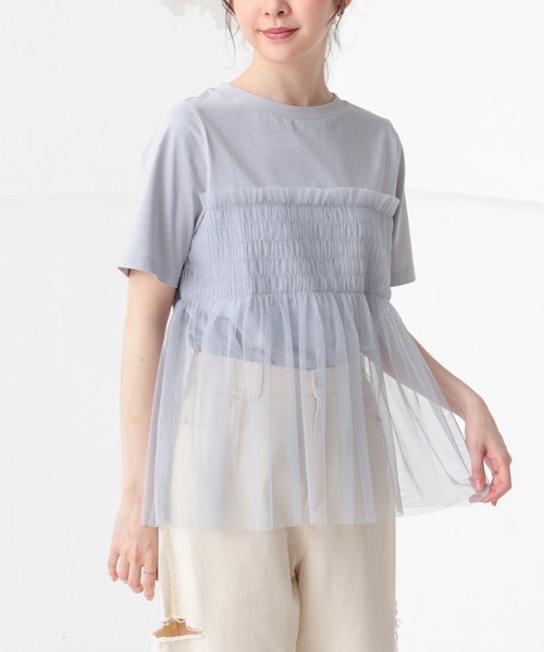 Honeys(ハニーズ)の「ビスチェ風チュールシアートップス(Tシャツ/カットソー・レディース・グレイッシュブルー/ホワイト×グレー/スミクロ/ホワイト・S/M/L)」の4枚目の写真