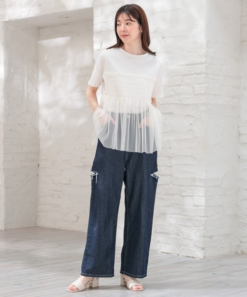 Honeys(ハニーズ)の「ビスチェ風チュールシアートップス(Tシャツ/カットソー・レディース・グレイッシュブルー/ホワイト×グレー/スミクロ/ホワイト・S/M/L)」の5枚目の写真