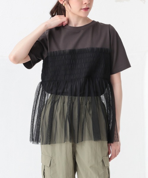 Honeys(ハニーズ)の「ビスチェ風チュールシアートップス(Tシャツ/カットソー・レディース・グレイッシュブルー/ホワイト×グレー/スミクロ/ホワイト・S/M/L)」の8枚目の写真