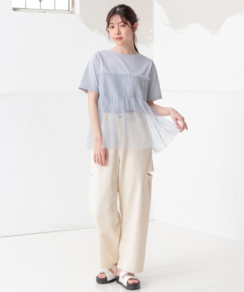 Honeys(ハニーズ)の「ビスチェ風チュールシアートップス(Tシャツ/カットソー・レディース・グレイッシュブルー/ホワイト×グレー/スミクロ/ホワイト・S/M/L)」の9枚目の写真