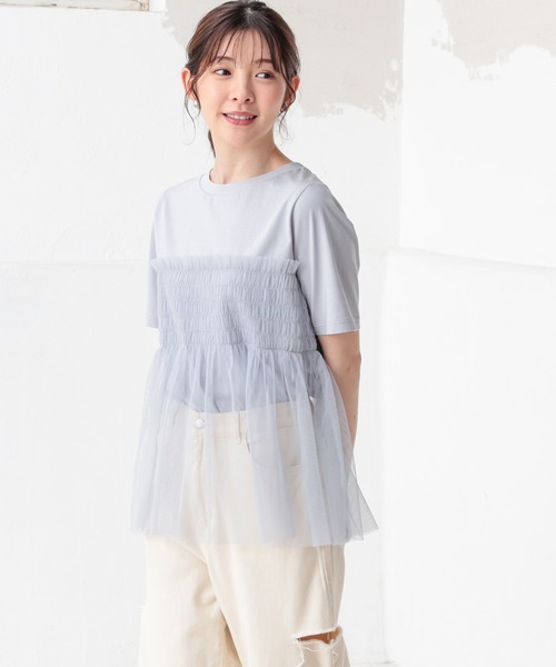 Honeys(ハニーズ)の「ビスチェ風チュールシアートップス(Tシャツ/カットソー・レディース・グレイッシュブルー/ホワイト×グレー/スミクロ/ホワイト・S/M/L)」の10枚目の写真
