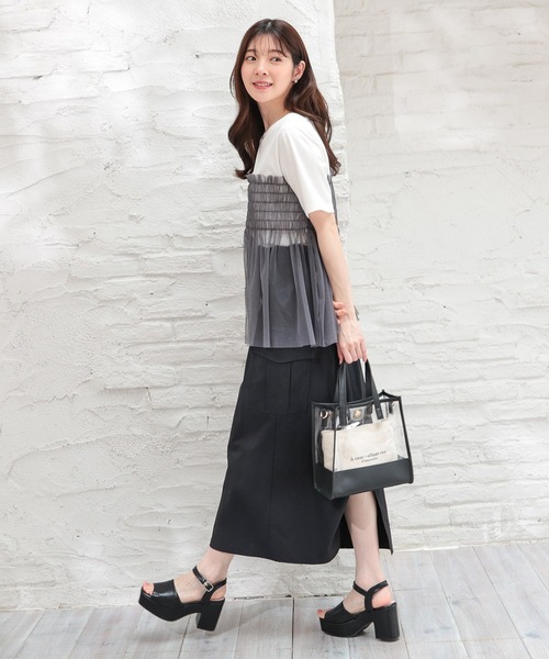 Honeys(ハニーズ)の「ビスチェ風チュールシアートップス(Tシャツ/カットソー・レディース・グレイッシュブルー/ホワイト×グレー/スミクロ/ホワイト・S/M/L)」の12枚目の写真