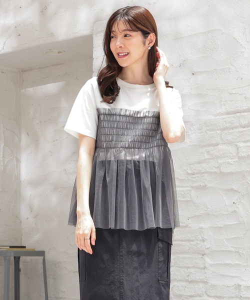 Honeys(ハニーズ)の「ビスチェ風チュールシアートップス(Tシャツ/カットソー・レディース・グレイッシュブルー/ホワイト×グレー/スミクロ/ホワイト・S/M/L)」の14枚目の写真