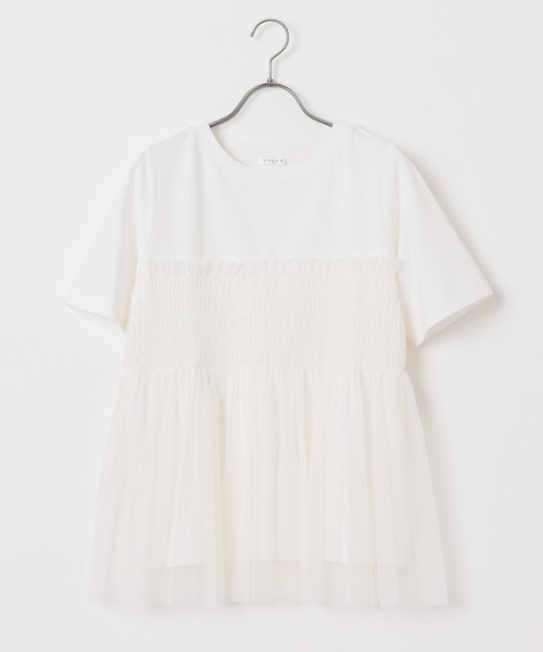 Honeys(ハニーズ)の「ビスチェ風チュールシアートップス(Tシャツ/カットソー・レディース・グレイッシュブルー/ホワイト×グレー/スミクロ/ホワイト・S/M/L)」の15枚目の写真