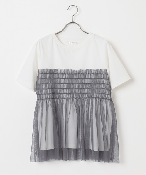 Honeys(ハニーズ)の「ビスチェ風チュールシアートップス(Tシャツ/カットソー・レディース・グレイッシュブルー/ホワイト×グレー/スミクロ/ホワイト・S/M/L)」の21枚目の写真