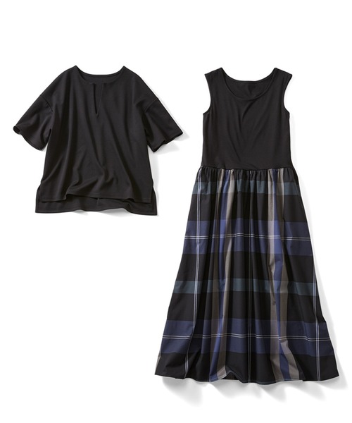 リブ イン コンフォート 上品に華やぐ きれいめトップス＆ワンピースセット〈ブラック×ブルーチェック〉（セットアップ）｜Live in comfort（リブインコンフォート）