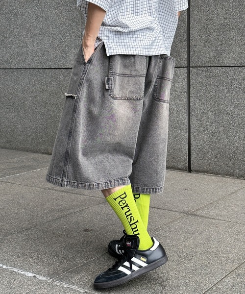 Perushu(ペルーシュ)の「ダブルニーワイドハーフパンツ(その他パンツ・メンズ・インディゴブルー/ブラウン/杢グレー/ブラック・MEDIUM/SMALL/LARGE)」の6枚目の写真