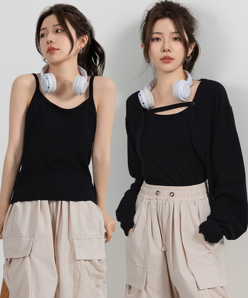 DAY CLOSET(デイ クローゼット)の「レディース ボリューム袖ニットボレロ+キャミソール アンサンブル セットアップ 2点セット(アンサンブル・レディース・ブラック/ライトブラウン/グレー・FREE)」の1枚目の写真