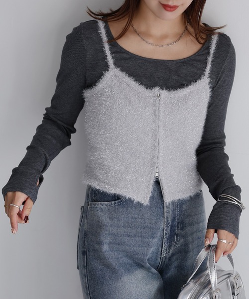 セール】フェザーラメニットダブルジップビスチェ/キャミ