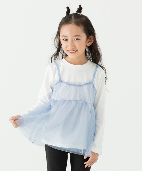 chil2（チルツー）の「ドットチュールビスチェ レイヤード風長袖Tシャツ（Tシャツ/カットソー・キッズ・サックスブルー/ブラック/ホワイト/ピンク・90cm/100cm/110cm/120cm/130cm/140cm/150cm）」の3枚目の写真