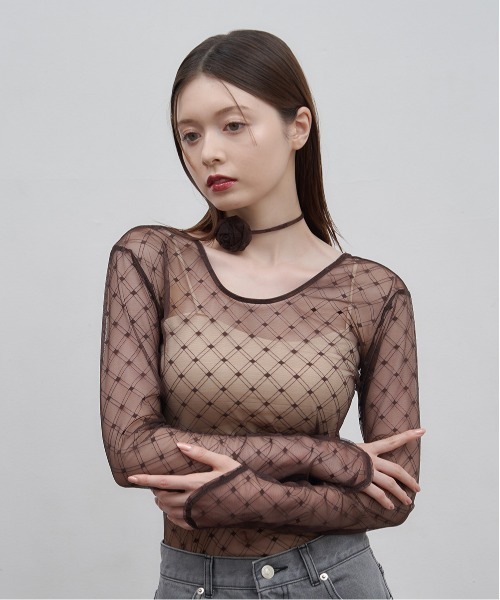 Luan（ルアン）の「【Luan】レースチェックボディスーツ（Tシャツ/カットソー・レディース・ブラック/ホワイト/ブラウン・FREE）」の3枚目の写真