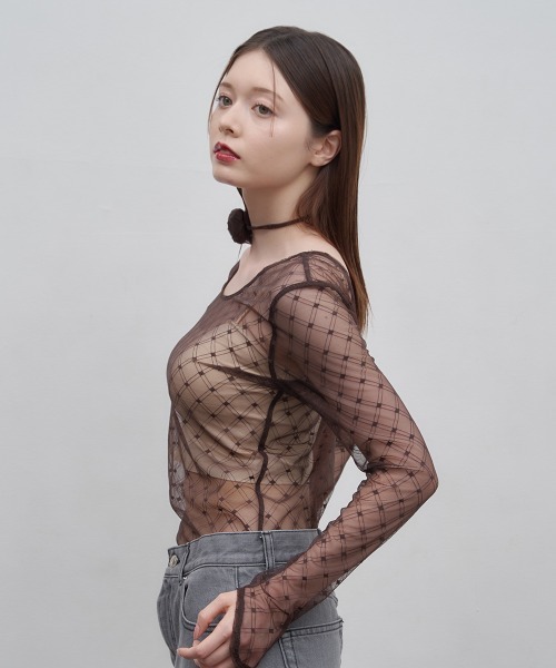 Luan（ルアン）の「【Luan】レースチェックボディスーツ（Tシャツ/カットソー・レディース・ブラック/ホワイト/ブラウン・FREE）」の4枚目の写真