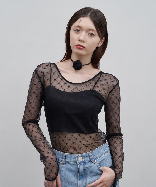 Luan（ルアン）の「【Luan】レースチェックボディスーツ（Tシャツ/カットソー・レディース・ブラック/ホワイト/ブラウン・FREE）」の10枚目の写真