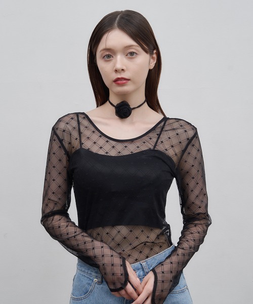 Luan（ルアン）の「【Luan】レースチェックボディスーツ（Tシャツ/カットソー・レディース・ブラック/ホワイト/ブラウン・FREE）」の11枚目の写真