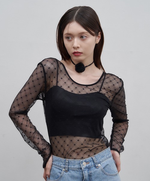 Luan（ルアン）の「【Luan】レースチェックボディスーツ（Tシャツ/カットソー・レディース・ブラック/ホワイト/ブラウン・FREE）」の12枚目の写真