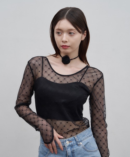 Luan（ルアン）の「【Luan】レースチェックボディスーツ（Tシャツ/カットソー・レディース・ブラック/ホワイト/ブラウン・FREE）」の13枚目の写真