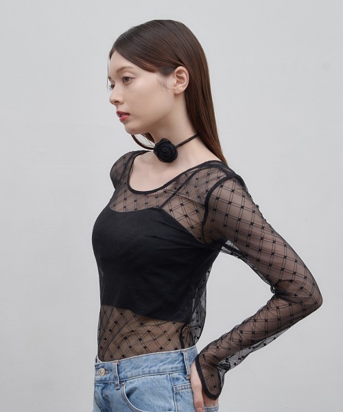 Luan（ルアン）の「【Luan】レースチェックボディスーツ（Tシャツ/カットソー・レディース・ブラック/ホワイト/ブラウン・FREE）」の17枚目の写真
