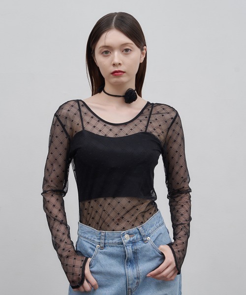 Luan（ルアン）の「【Luan】レースチェックボディスーツ（Tシャツ/カットソー・レディース・ブラック/ホワイト/ブラウン・FREE）」の14枚目の写真