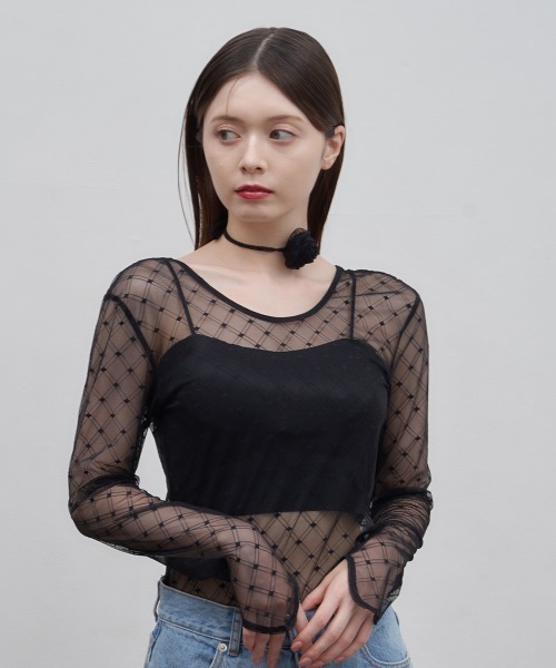 Luan（ルアン）の「【Luan】レースチェックボディスーツ（Tシャツ/カットソー・レディース・ブラック/ホワイト/ブラウン・FREE）」の9枚目の写真