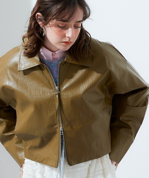 セール】ショート丈ダブルジップフェイクレザージャケット（ブルゾン
