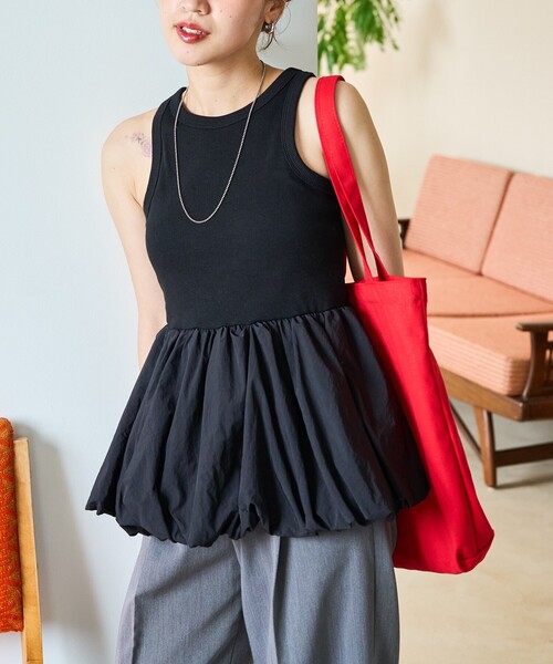 FREAK'S STORE(フリークスストア)の「限定展開 カップ付き 布帛 ドッキング バルーン タンク(タンクトップ・レディース・オフホワイト/チャコールグレー/ブラック/サックスブルー/ベージュ・フリ-)」の7枚目の写真