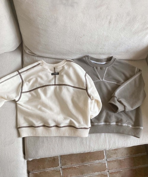 aimoha（アイモハ）の「【aimoha-KIDS-】配色ステッチスウェット（スウェット・キッズ・カーキ/オフホワイト・120/130/140/150/90/110/100）」の7枚目の写真