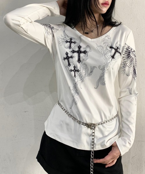 lilful（リルフル）の「クロスモチーフプリントロンT（Tシャツ/カットソー・レディース・ベージュ/ホワイト・M/L）」の12枚目の写真
