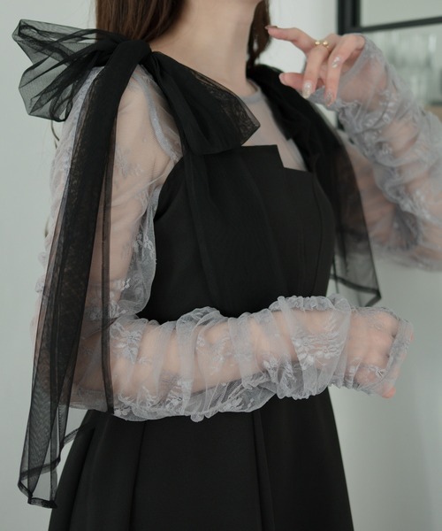 Ambre Neige（アンブルネージュ）の「tulle shirring tops / チュールシャーリングトップス（Tシャツ/カットソー・レディース・ブラック/アイボリー/ライトグレー・FREE）」の3枚目の写真