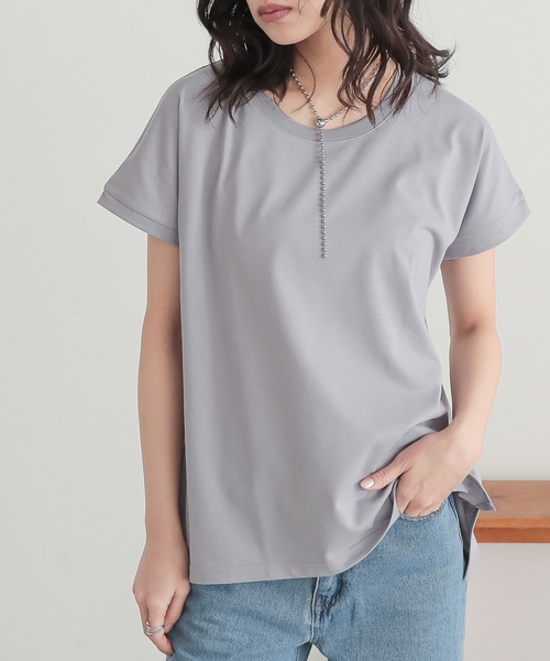 n'OrLABEL（ノアールレーベル）の「【汗じみ防止・接触冷感・吸水速乾】フレンチTシャツ（Tシャツ/カットソー・レディース・ライトグリーン/ブラック/グレイッシュベージュ/オフホワイト/ネイビー/ラベンダー/グレー/ブルー・3L/M/L/LL）」の9枚目の写真