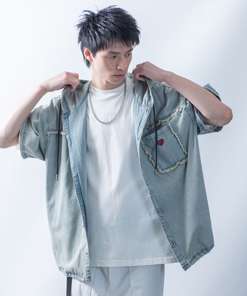 Fringe denim one point hoodie / худи с бахромой и деним‑акцентом, полураспоротая парка