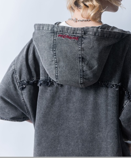 希少 45rpm Pullover Hoodie 半袖パーカー 90s セール】Fringe denim one point hoodie/フリンジデニム ワン