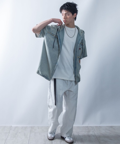 希少 45rpm Pullover Hoodie 半袖パーカー 90s セール】Fringe denim one point hoodie/フリンジデニム ワン