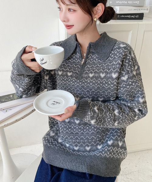 新品・タグ付き ザラ×メゾンスペシャル ジャガードニット ピンク L〜XL セール】ミックスカラーハートジャガードニットプルオーバー