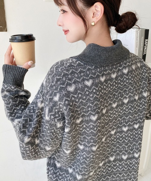 セール】ノルディック柄ダブルジャガードハーフジップポロニット