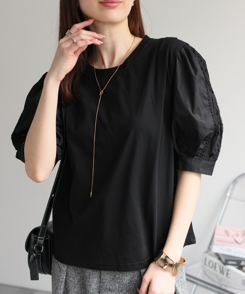 CREARE -LINO-(クレアーレリノ)の「〈レディース商品〉カットワーク刺しゅうドッキングTシャツ(Tシャツ/カットソー・レディース・ブラック/ホワイト・FREE)」の11枚目の写真