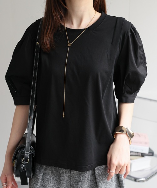 CREARE -LINO-(クレアーレリノ)の「〈レディース商品〉カットワーク刺しゅうドッキングTシャツ(Tシャツ/カットソー・レディース・ブラック/ホワイト・FREE)」の14枚目の写真