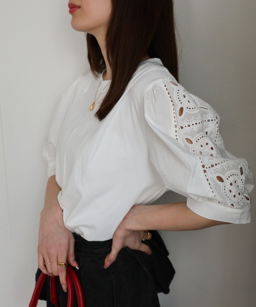 CREARE -LINO-(クレアーレリノ)の「〈レディース商品〉カットワーク刺しゅうドッキングTシャツ(Tシャツ/カットソー・レディース・ブラック/ホワイト・FREE)」の16枚目の写真