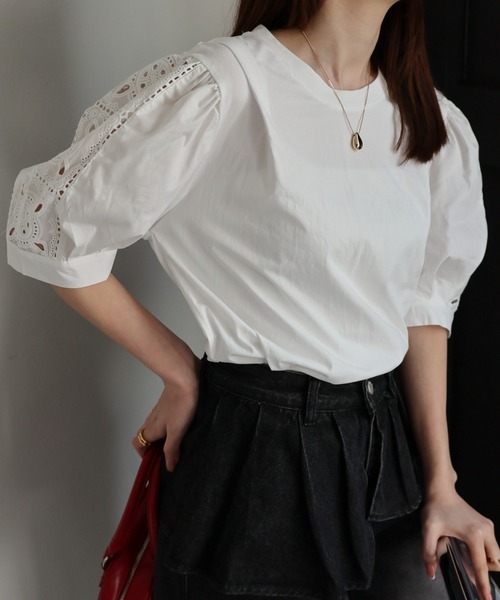 CREARE -LINO-(クレアーレリノ)の「〈レディース商品〉カットワーク刺しゅうドッキングTシャツ(Tシャツ/カットソー・レディース・ブラック/ホワイト・FREE)」の9枚目の写真