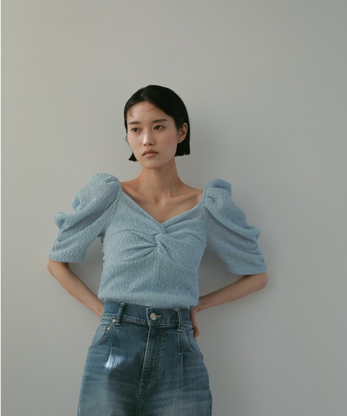 セール】カップ付アップサイクルギャザートップス（Tシャツ