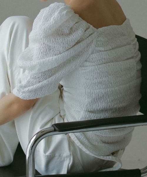 CASA FLINE（カーサフライン）の「カップ付アップサイクルギャザートップス（Tシャツ/カットソー・レディース・ホワイト/ブラック/カーキ/サックスブルー/ピンク/アイボリー/ベージュ/ネイビー・FREE）」の13枚目の写真