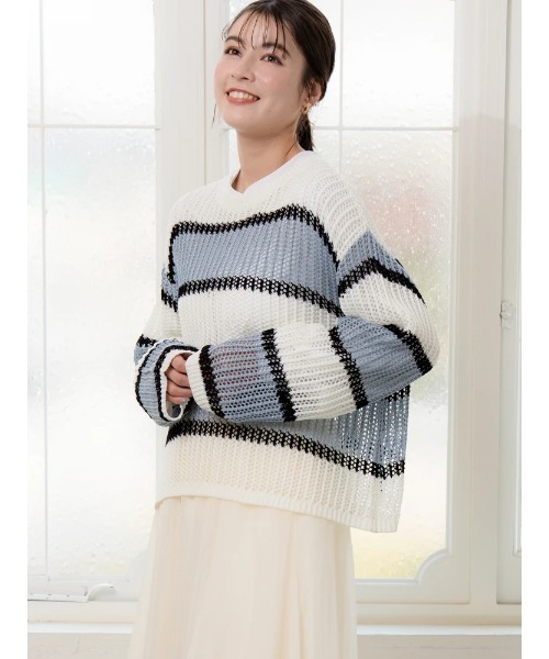 ALGONQUINS / ラメボーダーダメージニット  ピンク×ブラック Y-25-04-03-027-AL-TO-SZ-ZT314 セール】メッシュラメボーダーニットトップス（Tシャツ