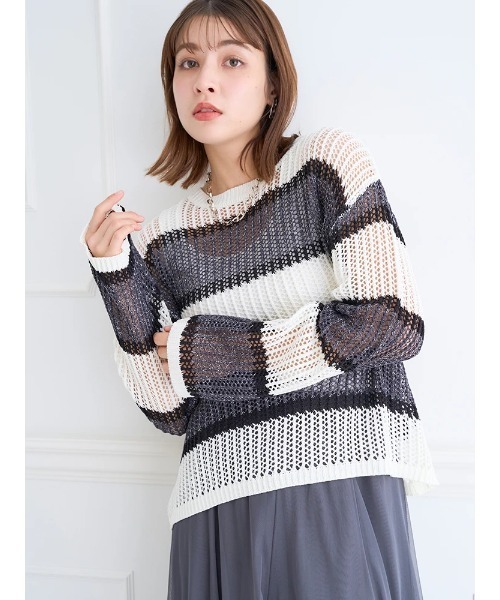 トップス lupin0322 セール】メッシュラメボーダーニットトップス（Tシャツ