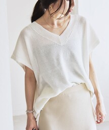 quaranciel:〈手洗い可能〉ラミー ミックス Vネック ノースリーブ シアー ニット