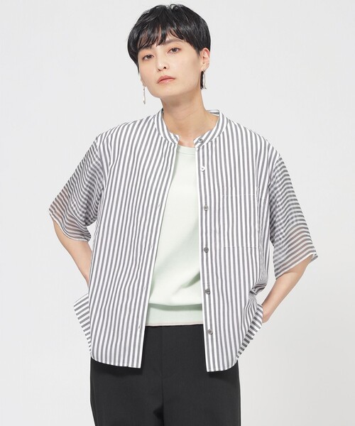 ブラウス シャツ 「L」「ウォッシャブル」シアーコンビストライプバンドカラーシャツ レディース セール】【ウォッシャブル】シアーコンビストライプバンドカラー