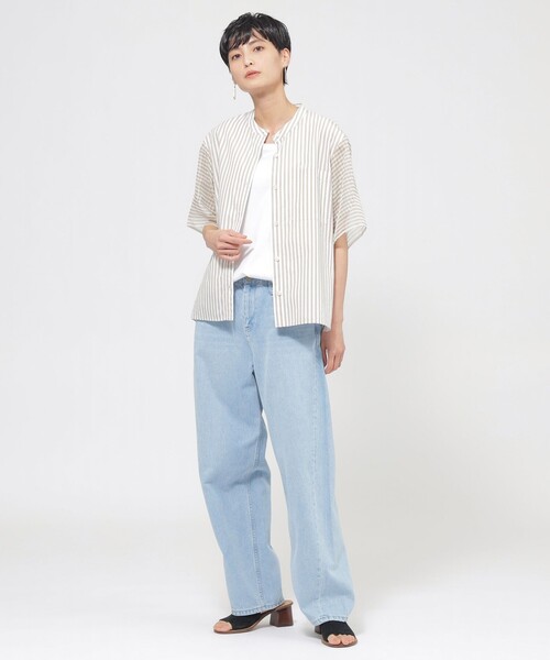 ブラウス シャツ 「L」「ウォッシャブル」シアーコンビストライプバンドカラーシャツ レディース セール】【ウォッシャブル】シアーコンビストライプバンドカラー