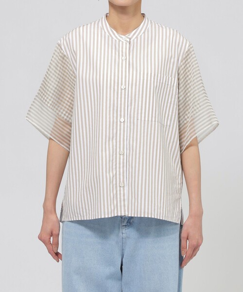 ブラウス シャツ 「L」「ウォッシャブル」シアーコンビストライプバンドカラーシャツ レディース セール】【ウォッシャブル】シアーコンビストライプバンドカラー